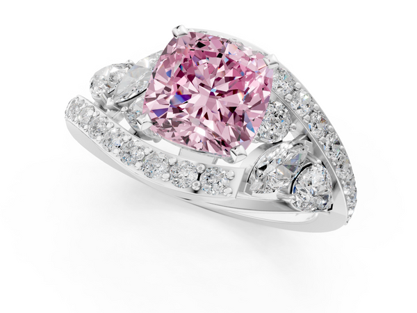 White gold Fancy Pink Cushion  Diamond Halo Ring with Marquise and Pavé Band in Prong Setting