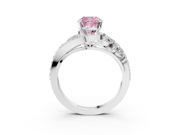 White gold Fancy Pink Cushion  Diamond Halo Ring with Marquise and Pavé Band in Prong Setting