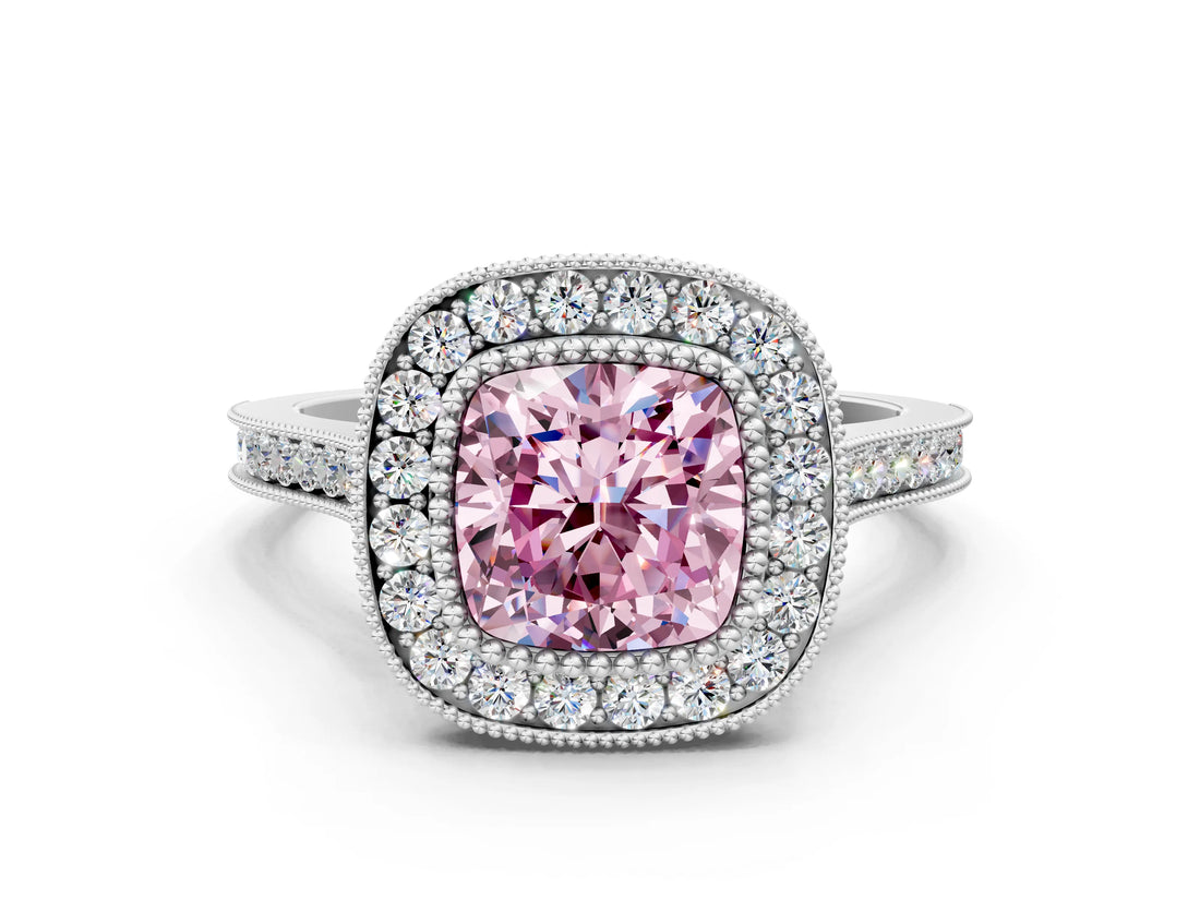 White gold Fancy Pink Cushion  Diamond Halo Ring with Milgrain Frame and Pavé Band_72