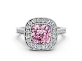White gold Fancy Pink Cushion  Diamond Halo Ring with Milgrain Frame and Pavé Band_72