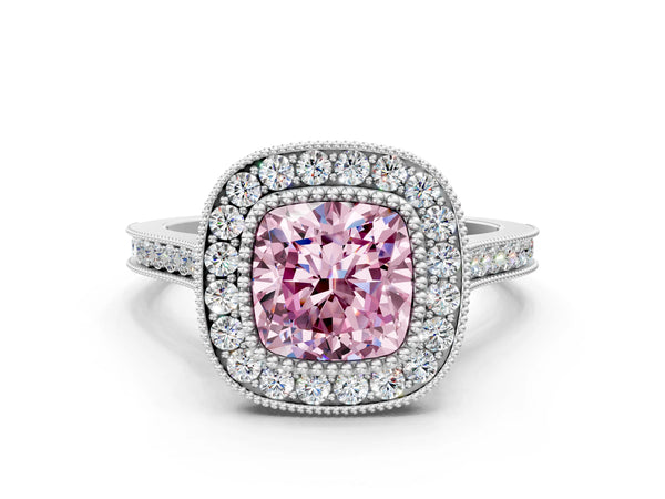 Platinum Fancy Pink Cushion  Diamond Halo Ring with Milgrain Frame and Pavé Band