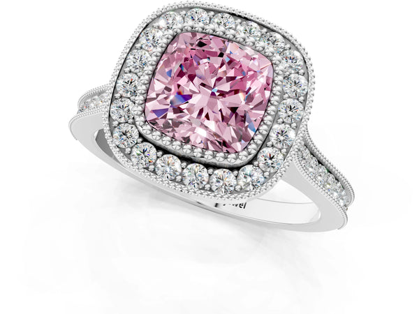 Platinum Fancy Pink Cushion  Diamond Halo Ring with Milgrain Frame and Pavé Band