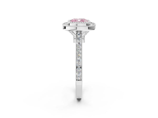 Platinum Fancy Pink Cushion  Diamond Halo Ring with Milgrain Frame and Pavé Band