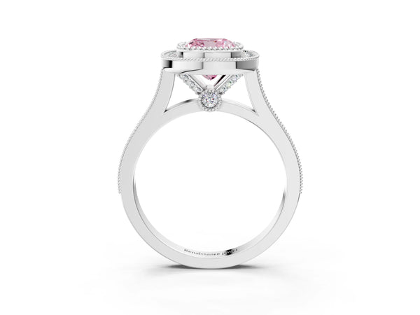 Platinum Fancy Pink Cushion  Diamond Halo Ring with Milgrain Frame and Pavé Band
