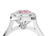 White gold Fancy Pink Cushion  Diamond Halo Ring with Milgrain Frame and Pavé Band_76