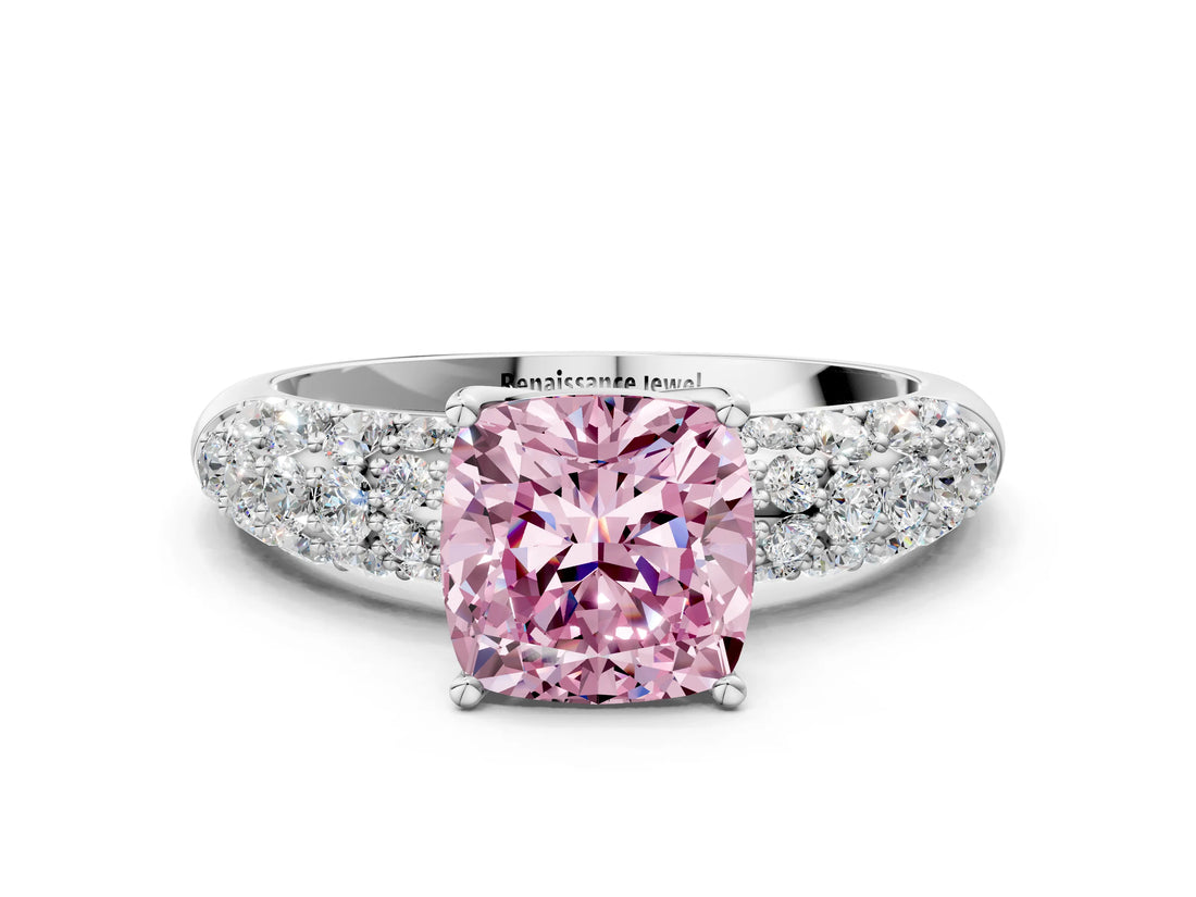 White gold Fancy Pink Cushion  Diamond Pavé Band Solitaire Ring with Four-Prong Setting_49