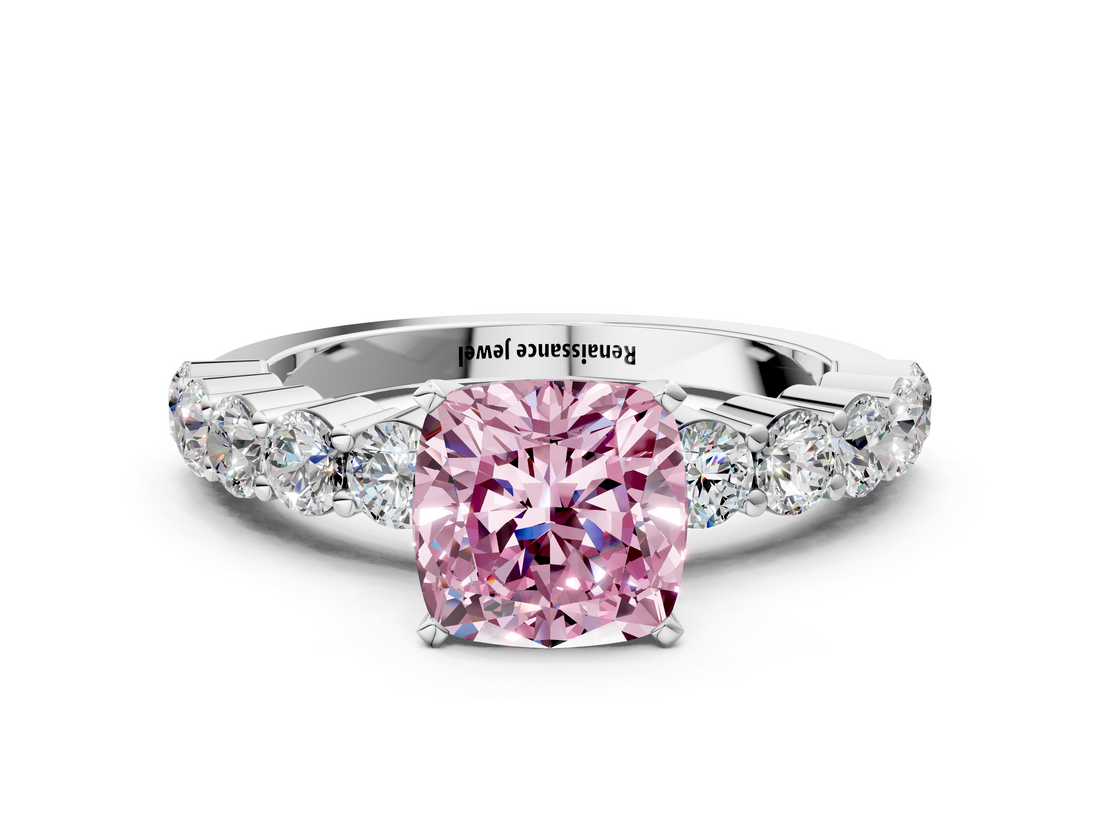 White gold Fancy Pink Cushion  Diamond Pavé Band Solitaire with Four-Prong Setting_3