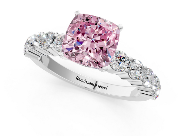 Platinum Fancy Pink Cushion  Diamond Solitaire Ring with Shared Prong Round Side Stones