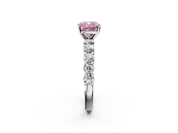 Platinum Fancy Pink Cushion  Diamond Solitaire Ring with Shared Prong Round Side Stones