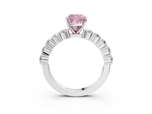 Platinum Fancy Pink Cushion  Diamond Solitaire Ring with Shared Prong Round Side Stones