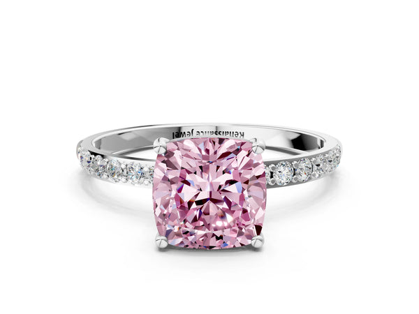 Platinum Fancy Pink Cushion  Diamond Pavé Band with Six-Prong Setting