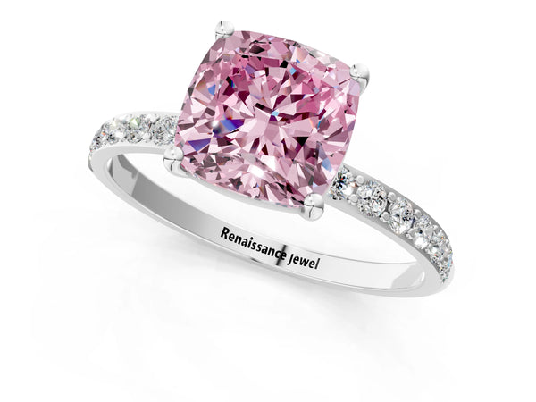 Platinum Fancy Pink Cushion  Diamond Pavé Band with Six-Prong Setting