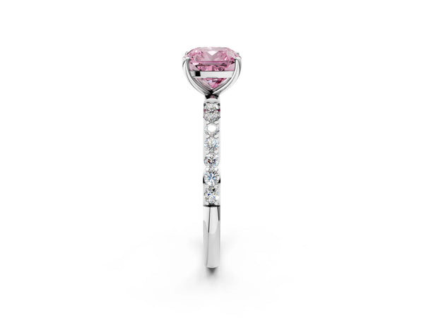 Platinum Fancy Pink Cushion  Diamond Pavé Band with Six-Prong Setting