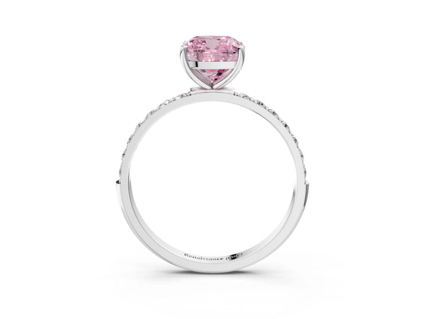 Platinum Fancy Pink Cushion  Diamond Pavé Band with Six-Prong Setting