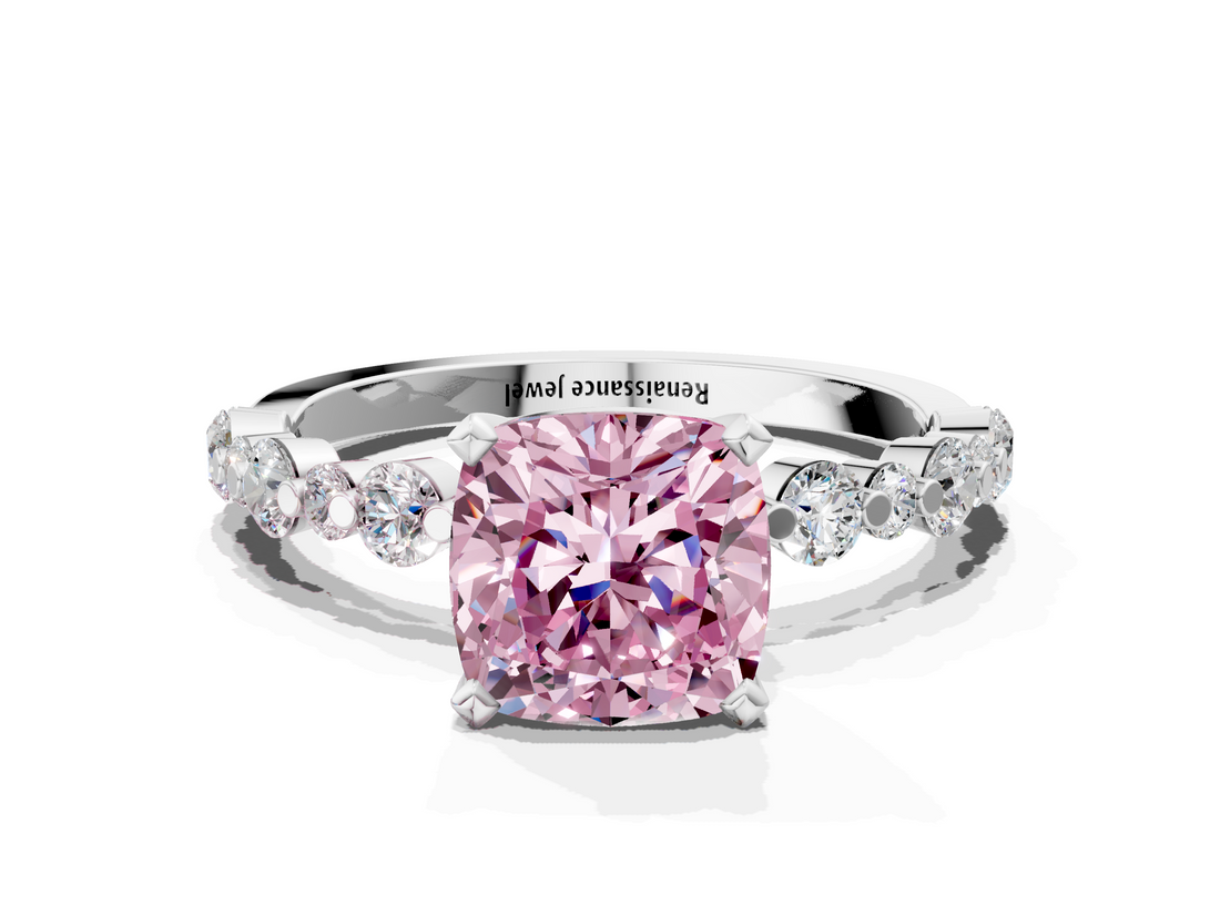 White gold Fancy Pink Cushion  Diamond Prong Set Engagement Ring with Pave Band_238