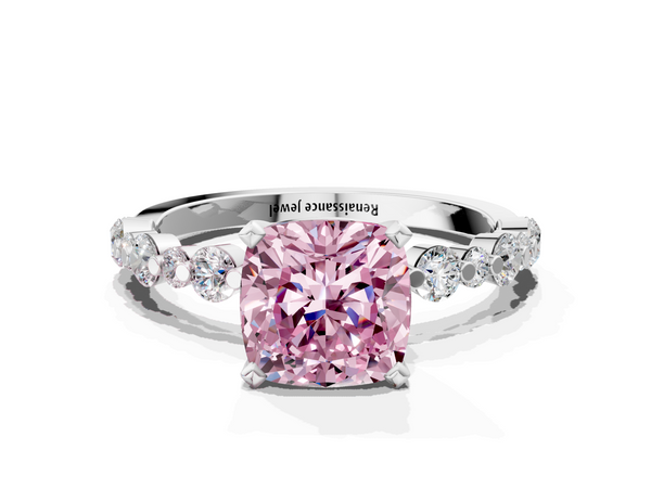 White gold Fancy Pink Cushion Cut Diamond Prong Set Engagement Ring with Pavé Band