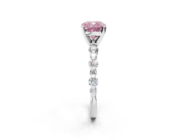 White gold Fancy Pink Cushion Cut Diamond Prong Set Engagement Ring with Pavé Band