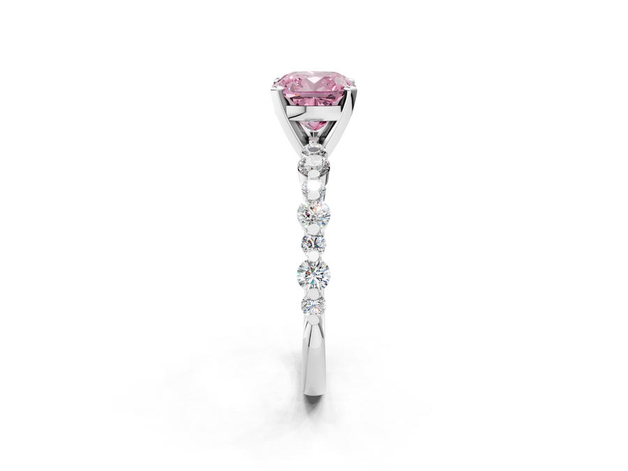 White gold Fancy Pink Cushion Cut Diamond Prong Set Engagement Ring with Pavé Band