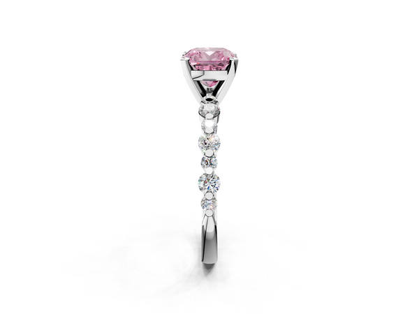 White gold Fancy Pink Cushion Cut Diamond Prong Set Engagement Ring with Pavé Band