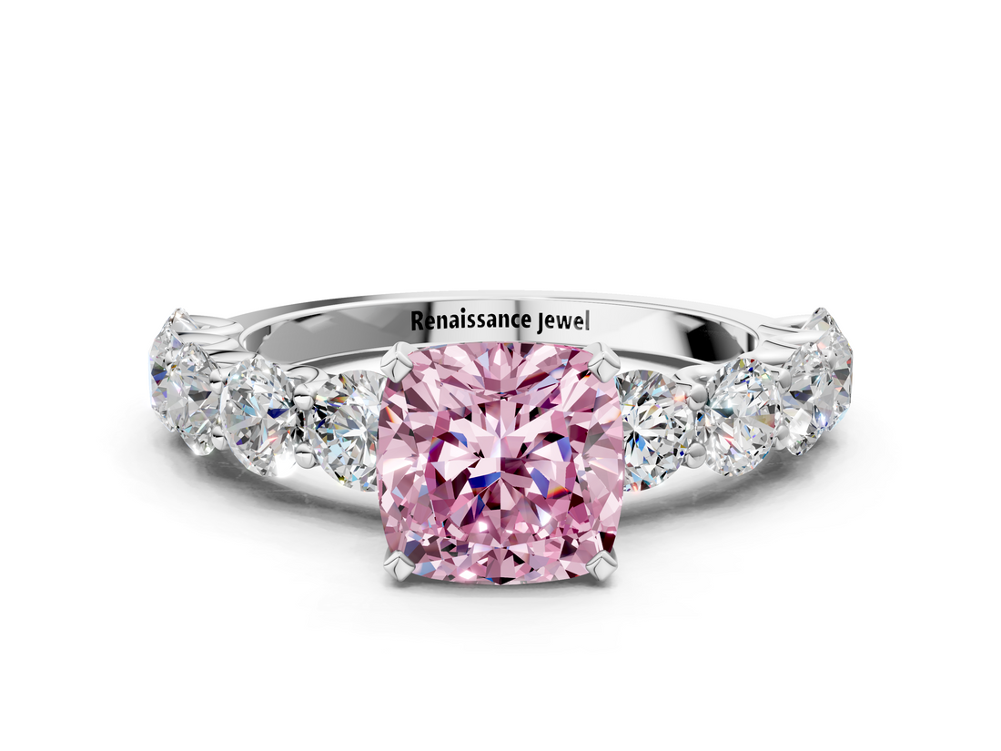 White gold Fancy Pink Cushion  Diamond Prong Setting with Side Stones on a Pave Band_129