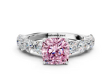 White gold Fancy Pink Cushion  Diamond Prong Setting with Side Stones on a Pave Band_130