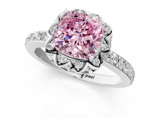 White gold Fancy Pink Cushion  Diamond Solitaire Ring with Shared Prong Pavé Band