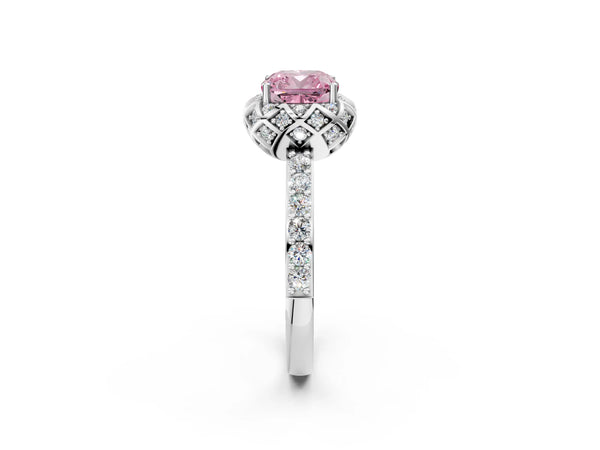 White gold Fancy Pink Cushion  Diamond Solitaire Ring with Shared Prong Pavé Band