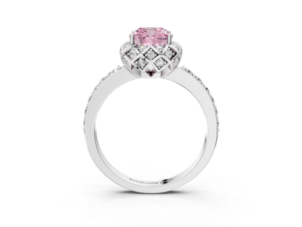 White gold Fancy Pink Cushion  Diamond Solitaire Ring with Shared Prong Pavé Band