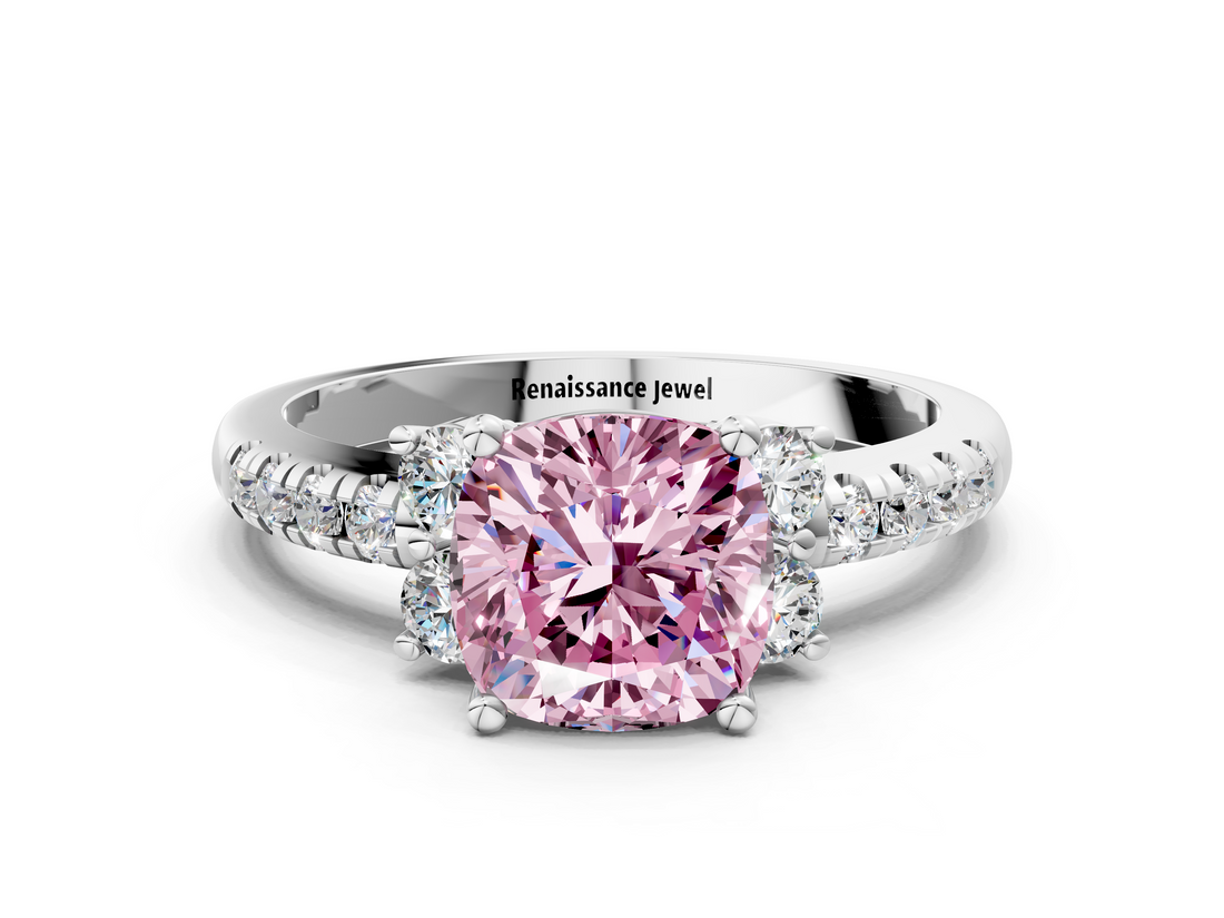 White gold Fancy Pink Cushion  Diamond Three-Stone Pave Band with Four-Prong Setting_19