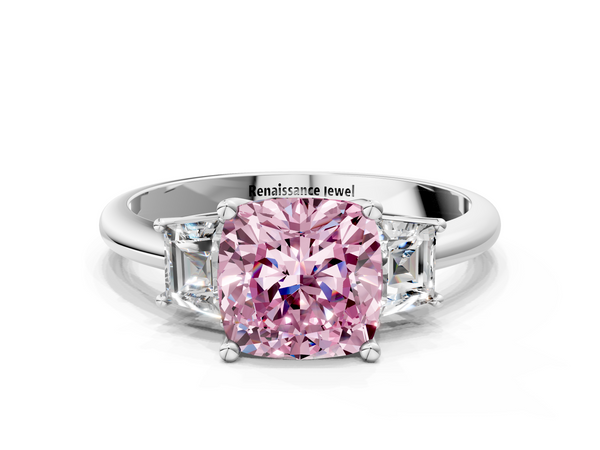 White gold Fancy Pink Cushion  Diamond Three-Stone Ring with Trapezoid Side Stones and Prong Setting
