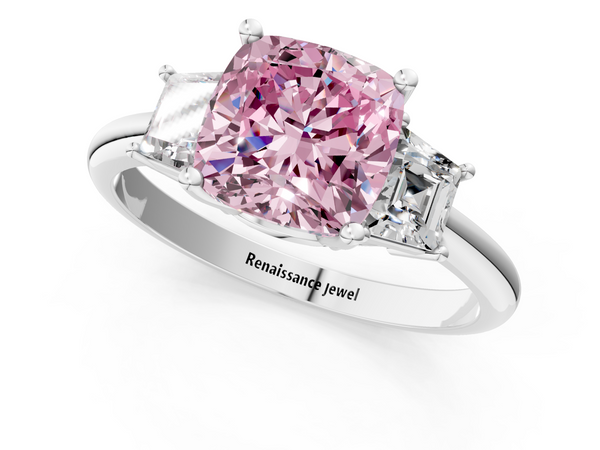 White gold Fancy Pink Cushion  Diamond Three-Stone Ring with Trapezoid Side Stones and Prong Setting