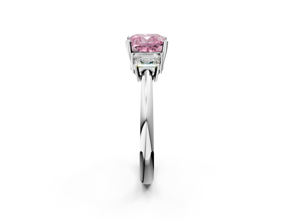 White gold Fancy Pink Cushion  Diamond Three-Stone Ring with Trapezoid Side Stones and Prong Setting