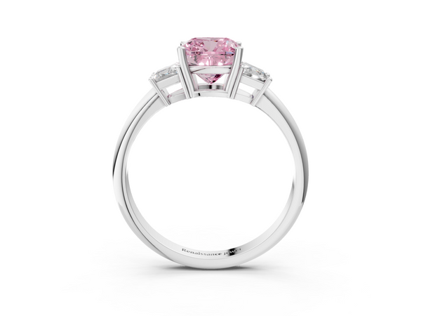 White gold Fancy Pink Cushion  Diamond Three-Stone Ring with Trapezoid Side Stones and Prong Setting