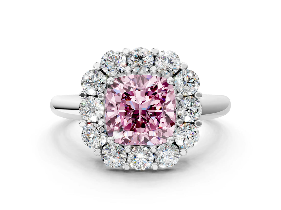 White gold Fancy Pink Cushion  Halo Cluster Diamond Engagement Ring with Prong Setting and Polished Band_20