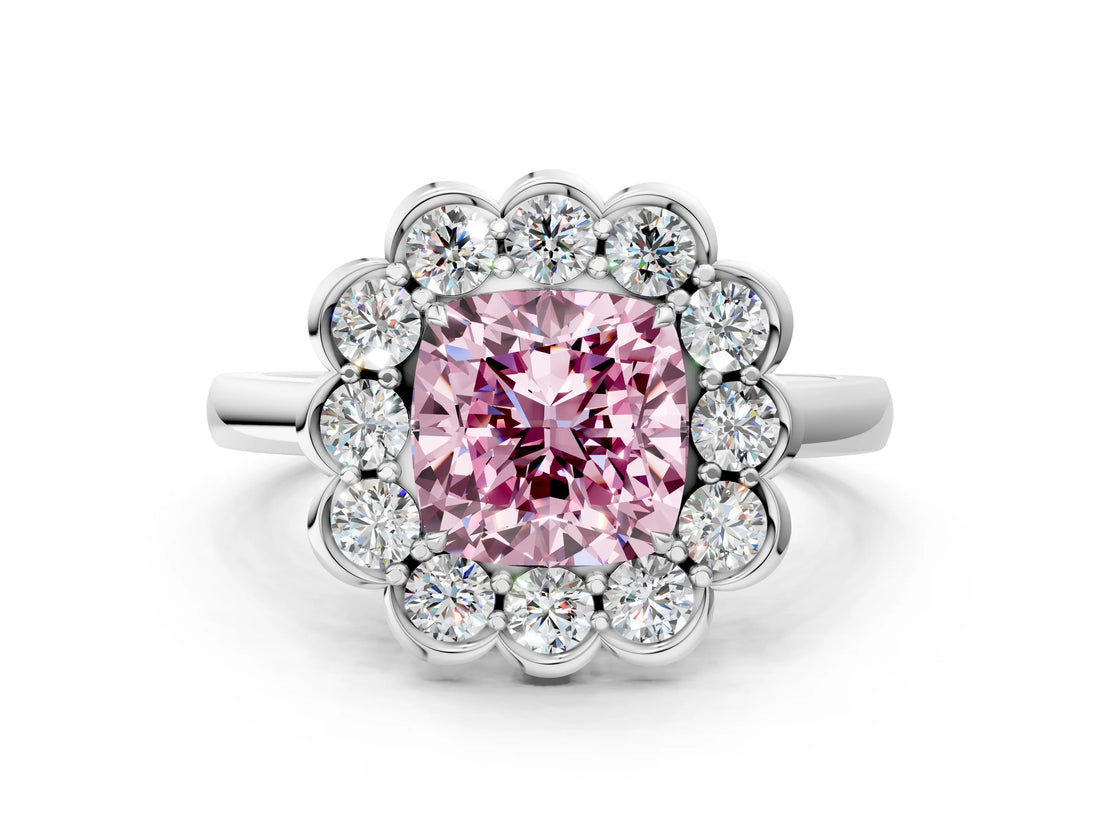 White gold Fancy Pink Cushion  Halo Cluster Diamond Engagement Ring with Solitaire Band and Prong Setting_49