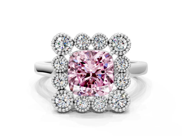 Platinum Fancy Pink Cushion  Halo Diamond Cluster Engagement Ring with Milgrain Bezel Setting and Solitaire Band