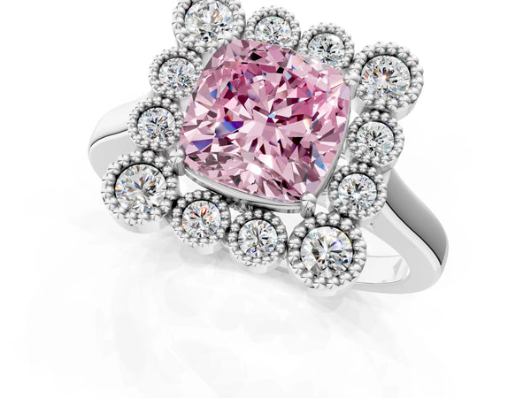 Platinum Fancy Pink Cushion  Halo Diamond Cluster Engagement Ring with Milgrain Bezel Setting and Solitaire Band