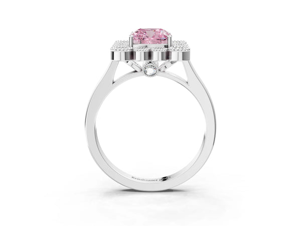Platinum Fancy Pink Cushion  Halo Diamond Cluster Engagement Ring with Milgrain Bezel Setting and Solitaire Band