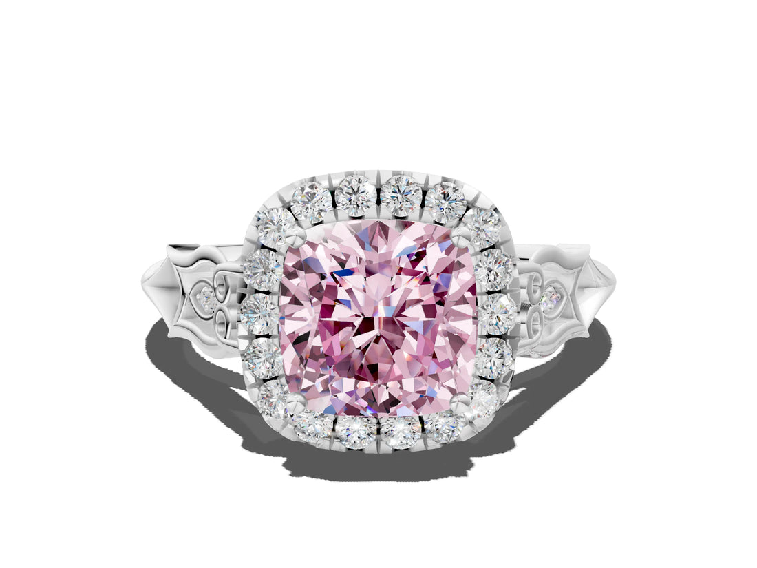 White gold Fancy Pink Cushion  Halo Diamond Engagement Ring with Filigree Band and Four-Prong Setting_105