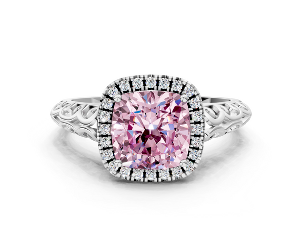 Platinum Fancy Pink Cushion  Halo Diamond Engagement Ring with Intricate Filigree Band and Four-Prong Setting