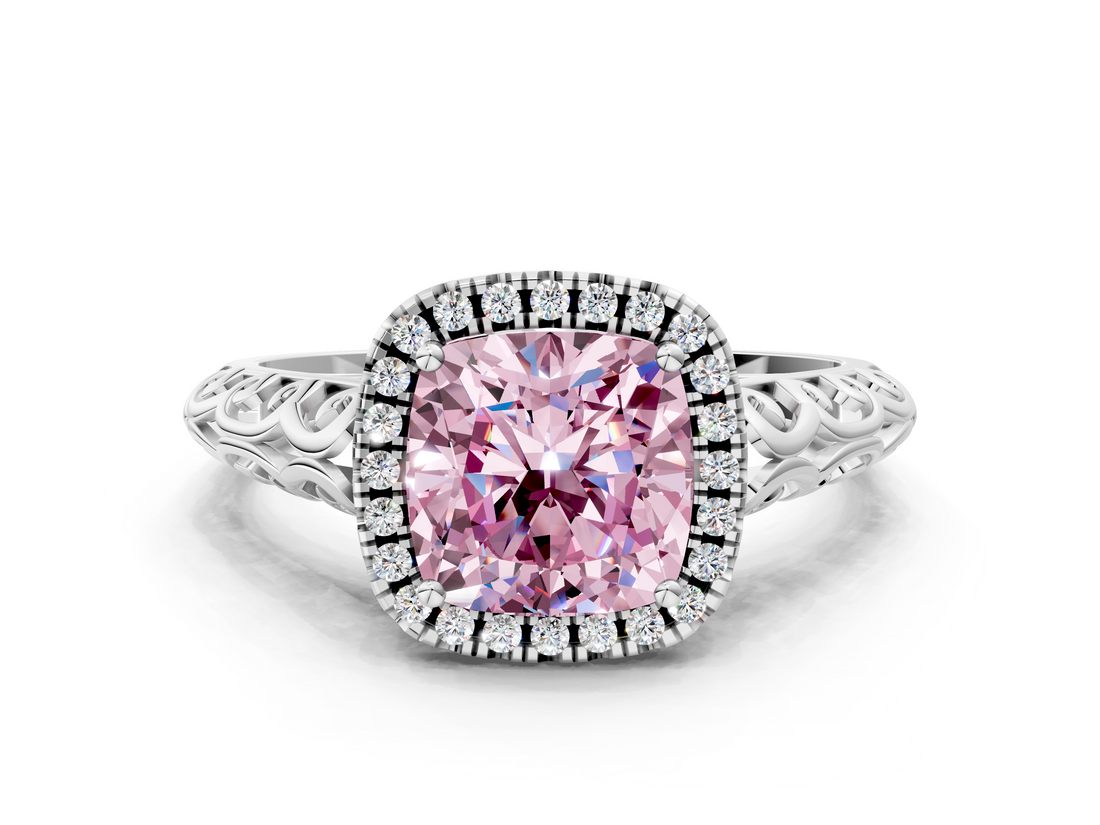 White gold Fancy Pink Cushion  Halo Diamond Engagement Ring with Intricate Filigree Band and Four-Prong Setting_37