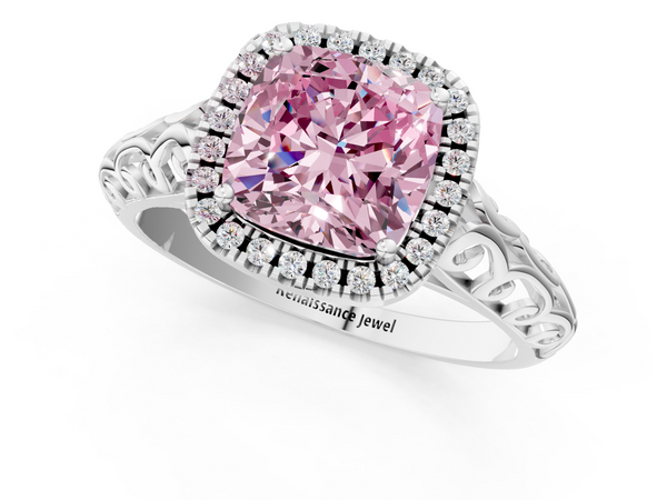 Platinum Fancy Pink Cushion  Halo Diamond Engagement Ring with Intricate Filigree Band and Four-Prong Setting