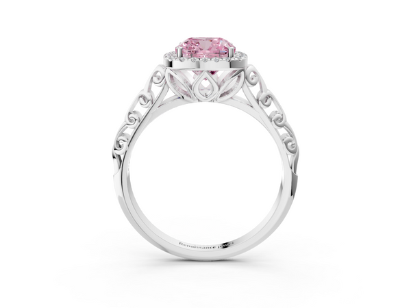 Platinum Fancy Pink Cushion  Halo Diamond Engagement Ring with Intricate Filigree Band and Four-Prong Setting