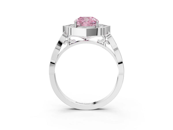 White gold Fancy Pink Cushion  Halo Diamond Engagement Ring with Milgrain Band and Four-Prong Setting