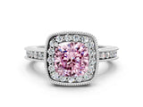 White gold Fancy Pink Cushion  Halo Diamond Engagement Ring with Milgrain Pave Band and Four-Prong Setting_123