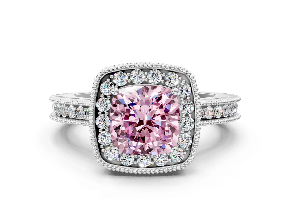 White gold Fancy Pink Cushion  Halo Diamond Engagement Ring with Milgrain Pave Band and Four-Prong Setting_123
