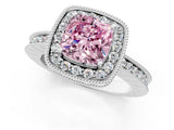 White gold Fancy Pink Cushion  Halo Diamond Engagement Ring with Milgrain Pave Band and Four-Prong Setting_124