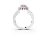 White gold Fancy Pink Cushion  Halo Diamond Engagement Ring with Milgrain Pave Band and Four-Prong Setting_126