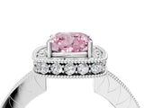White gold Fancy Pink Cushion  Halo Diamond Engagement Ring with Milgrain Pave Band and Four-Prong Setting_127