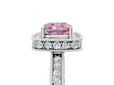White gold Fancy Pink Cushion  Halo Diamond Engagement Ring with Milgrain Pave Band and Four-Prong Setting_128